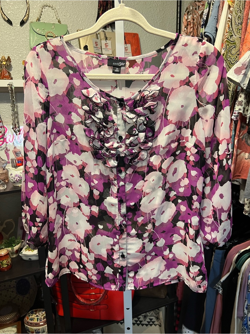 East 5th Purple and White Floral Ruffle-Front Blouse